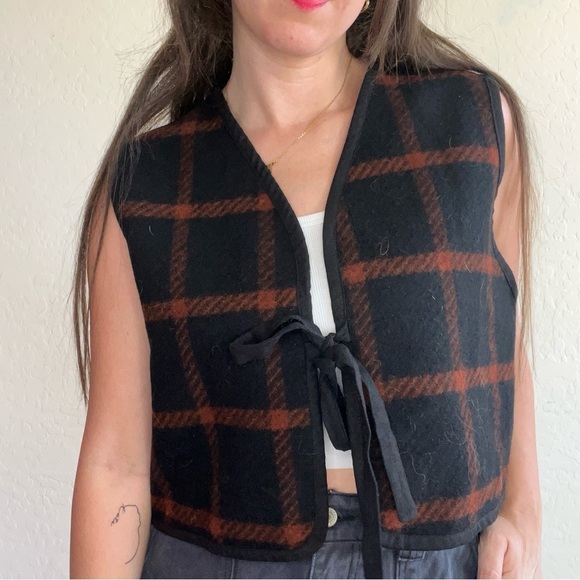 Pop of neutral wool plaid tie front vest - Picture 1 of 6